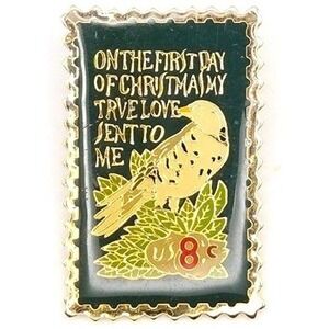 The First Day of Christmas Partridge Bird 8 Cent Stamp Enamel Pin Gold Tone
